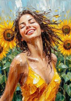A girl in the sunflower bushes in the rain